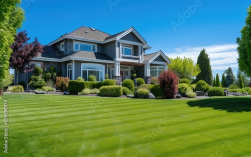 Beautiful landscaping upscale home with green grass at a  blue sky sunny day © piai