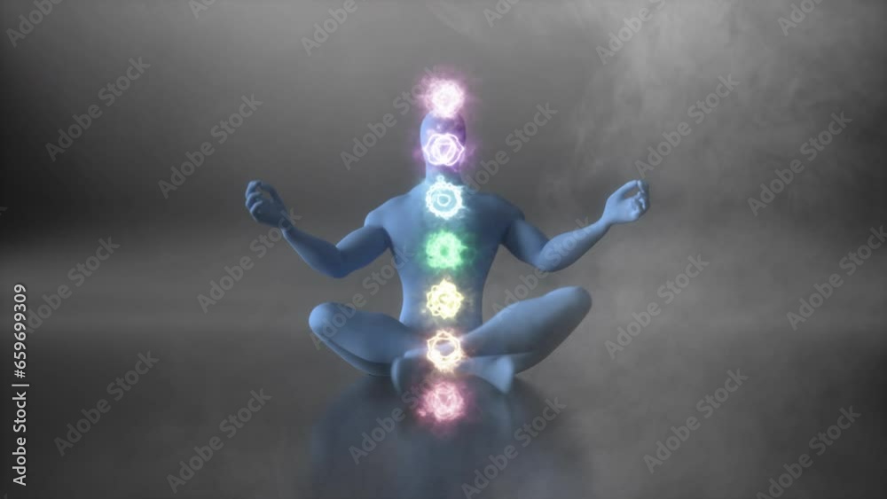 Human energy body, expanded energy field. Man in  meditation pose activating the seven chakras, balancing and healing. Enlightenment and kundalini awakening