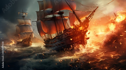 an old naval battle with burning chasing boat ships in the sea. fire explosions in ocean with pirates and royal army. 16:9 wallpaper background. Generative AI photo
