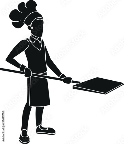 Cartoon Black and White Illustration Vector Of A Pizza Chef Holding A Pizza Peel