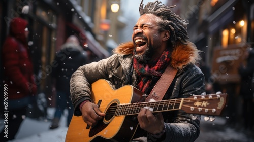 person playing guitar in the snow, exuberant musician with dreadlocks, in the city during winter, street, performers, playing despite the snow, into their music, and entertaining the crowds who pass