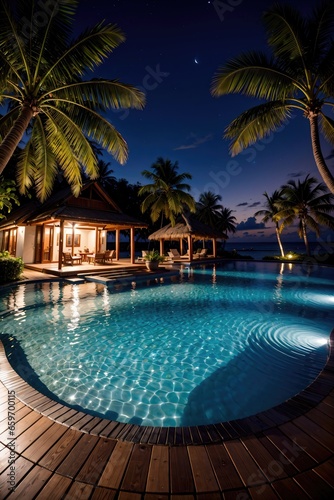 Maldives paradise at night  pool at night  sea at night   with wooden cabins