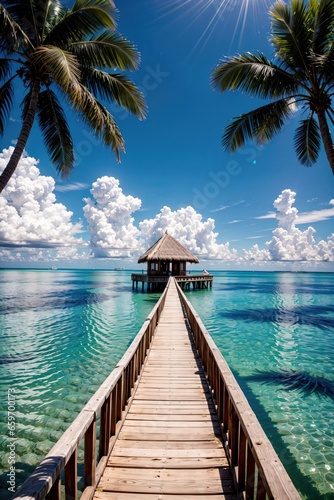 Maldives paradise, beach with white sand and wooden cabins © adel_usto