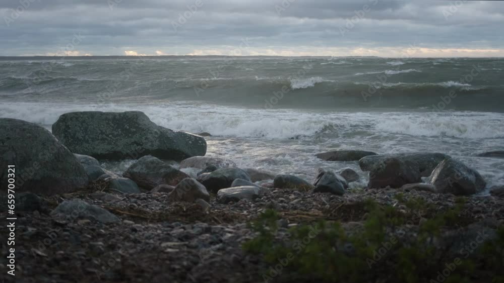 Stormy autumn Baltic Sea with high waves and extremely strong wind 