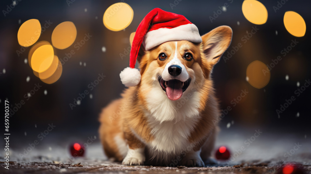 Red Christmas hat with white pompom on pet head. Cute orange corgi dog in carnival costume. Concept of domestic animal care, celebrating holiday. Gold bokeh light. Generative AI