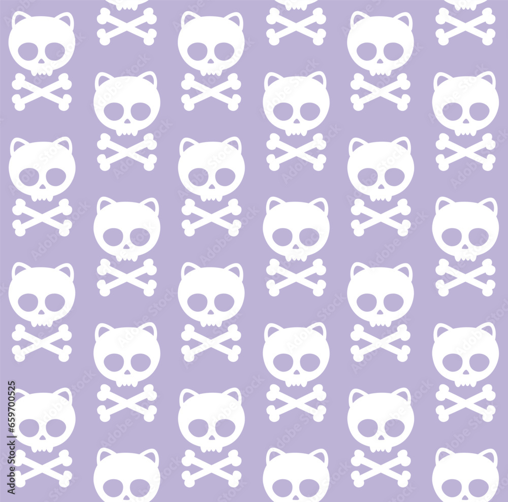 Vector seamless pattern of hand drawn flat cat skull with crossed bones silhouette isolated on lilac background Vector seamless pattern of hand drawn flat cat skull with crossed bones silhouette isolated on lilac background