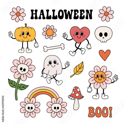 Vector set of groovy halloween cartoon retro characters and elements isolated on white background