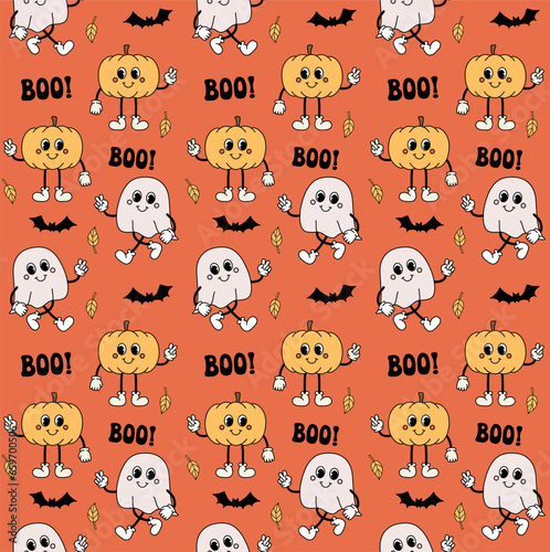 Vector seamless pattern of groovy halloween ghost and pumpkin isolated on orange background