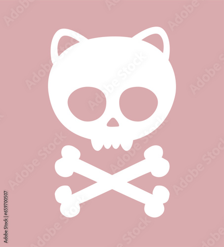 Vector hand drawn flat cat skull with crossed bones silhouette isolated on pink background
