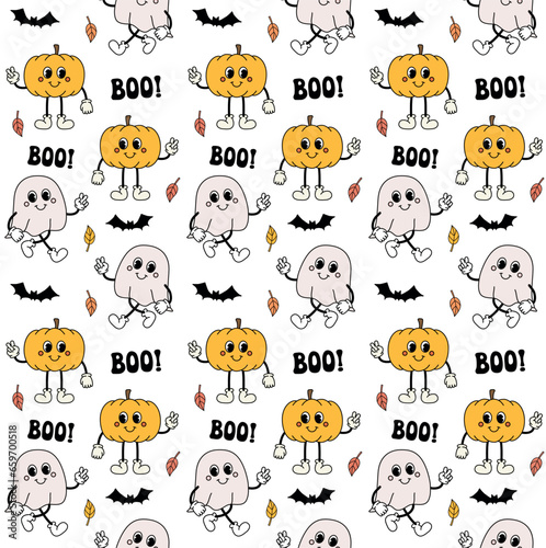 Vector seamless pattern of groovy halloween ghost and pumpkin isolated on white background