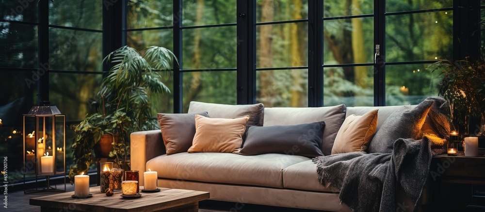 Stylish living room with comfortable sofa side table candles green plant and windows
