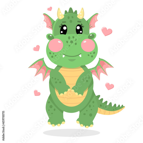 Vector illustration of cute kawaii green dragon. Adorable friendly monster. Vector cartoon illustration isolated on white background