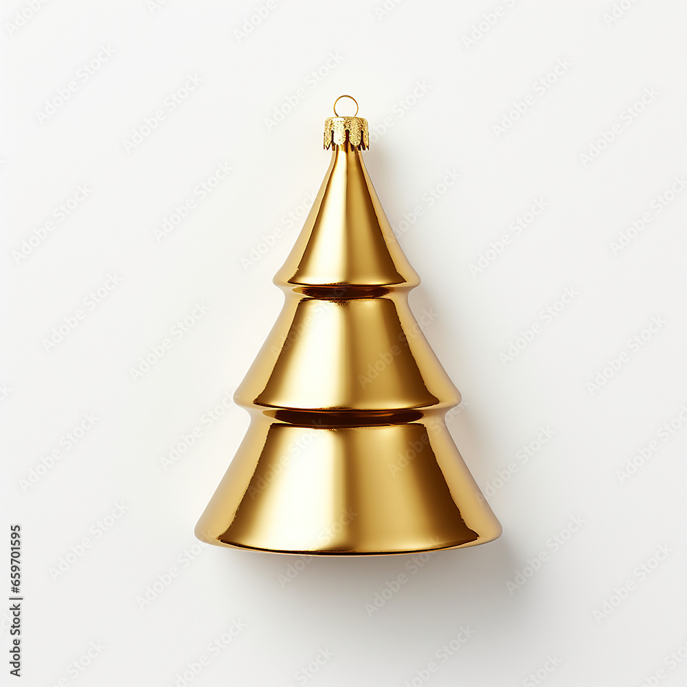A Gold Christmas Tree shaped ornament on a white background
