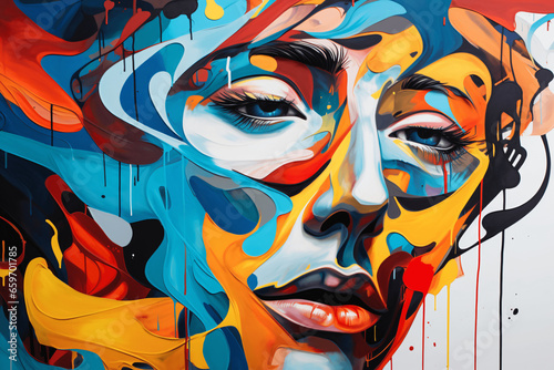 Abstract illustration of a woman's emotional face, vibrant colors, sad look