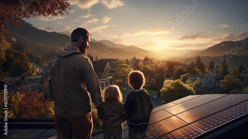 A family enjoying their sustainable home with renewable energy, learning how to care for the environment photo