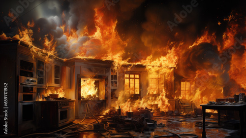 a burning house at night. disaster scenario