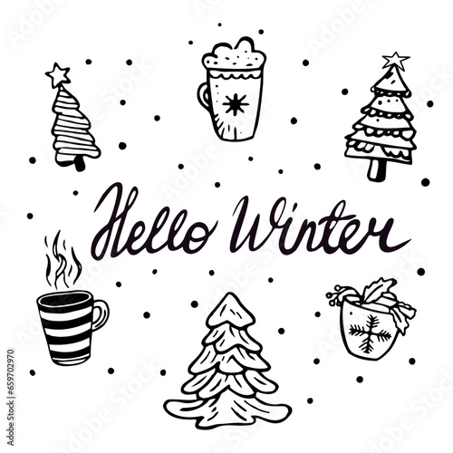 New Year doodle illustration of cozy cups with tea and hot chocolate and Christmas trees. Christmas set of doodle trees and hot drinks.