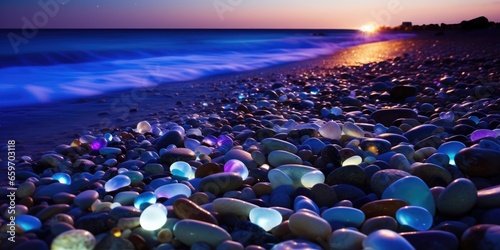 Beautiful beach at night illuminated by moonlight scattered with many colorful, transparent, circular and shiny pebbles