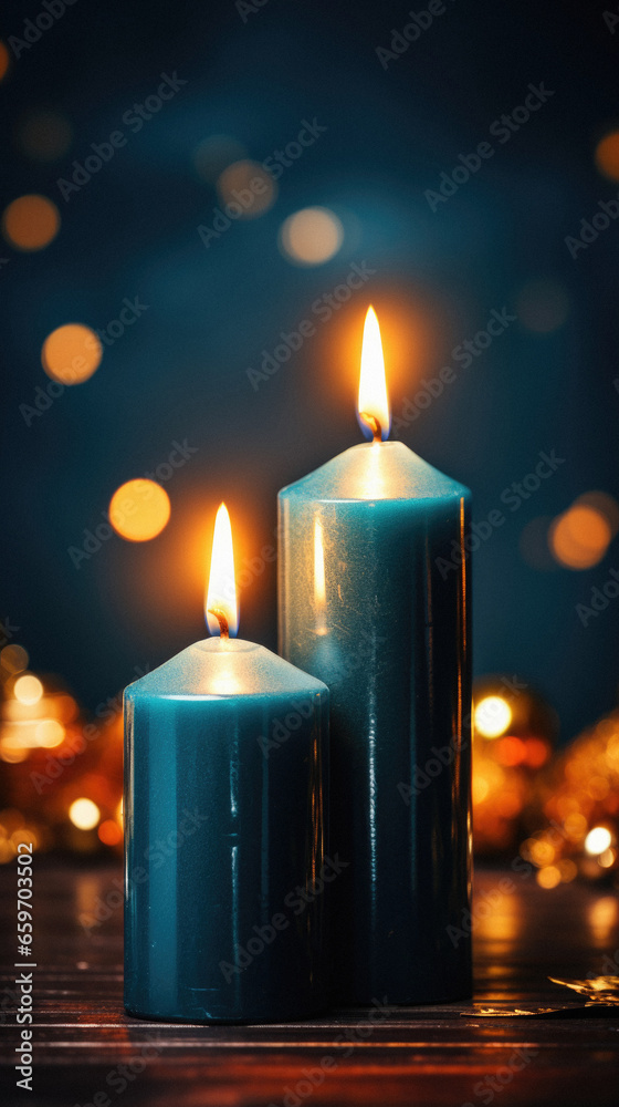 Christmas candles with burning candle. Christmas candles with burning candle.