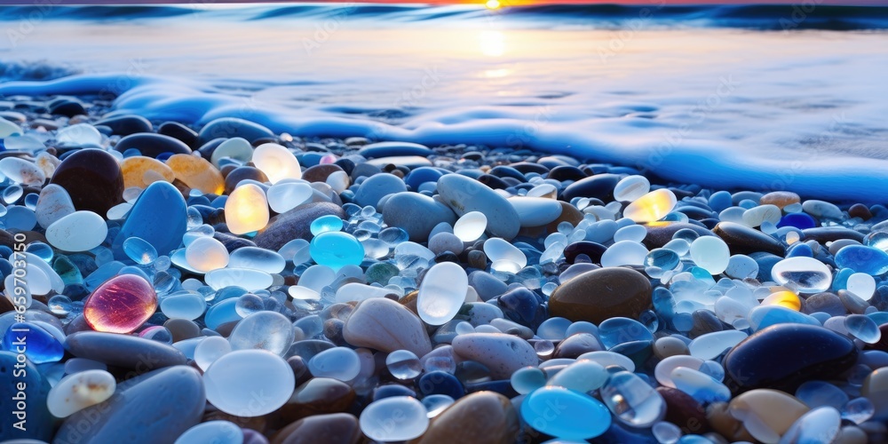 Obraz premium Beautiful beach at night illuminated by moonlight scattered with many colorful, transparent, circular and shiny pebbles