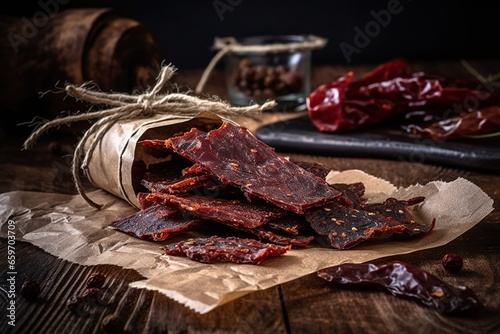Dried meat beef jerky on tablecloth and wooden background photo