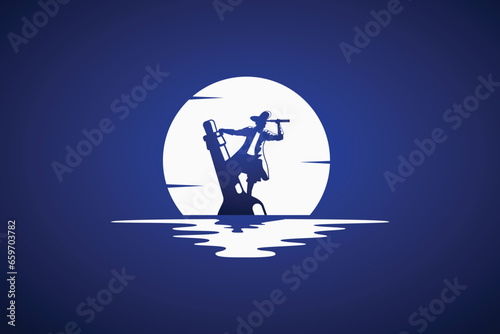 bottle messenger logo with the silhouette of a sailor floating on a bottle in the ocean.