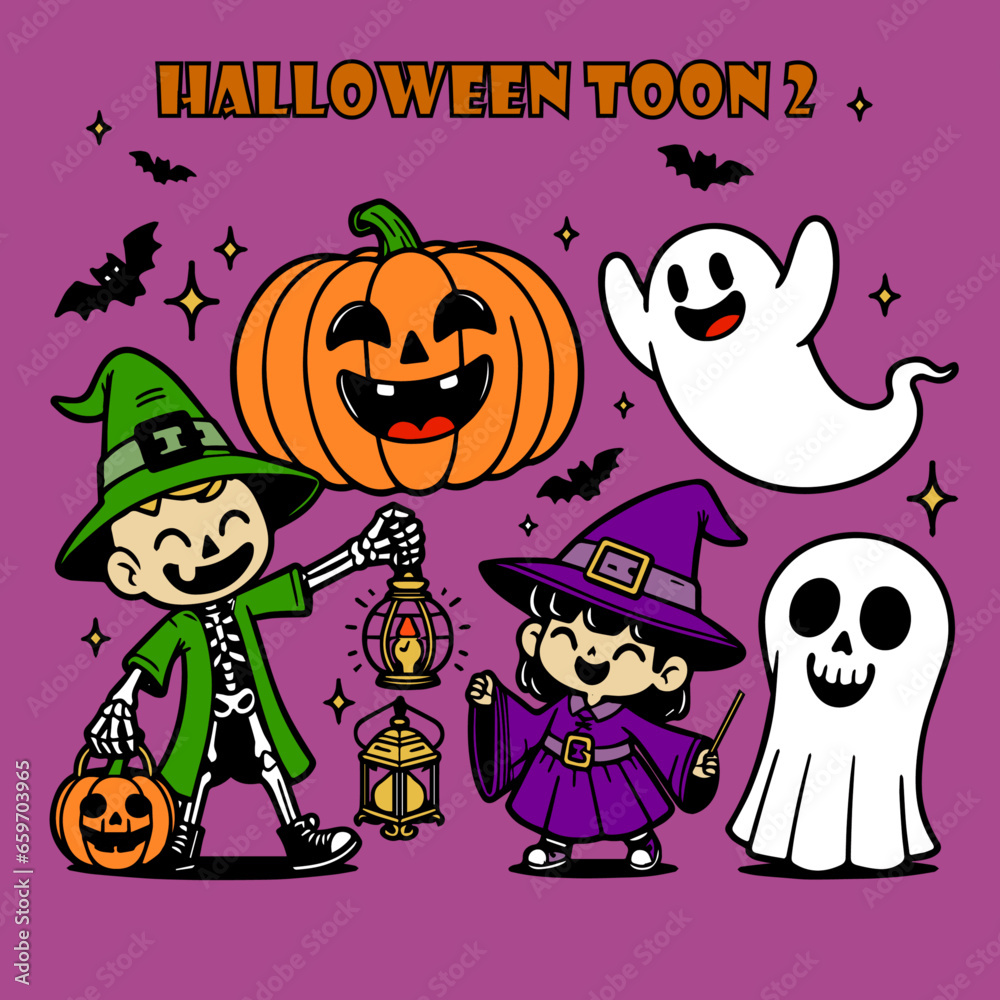 Halloween party set, vector illustration of halloween characters ghosts, witches and pumpkin