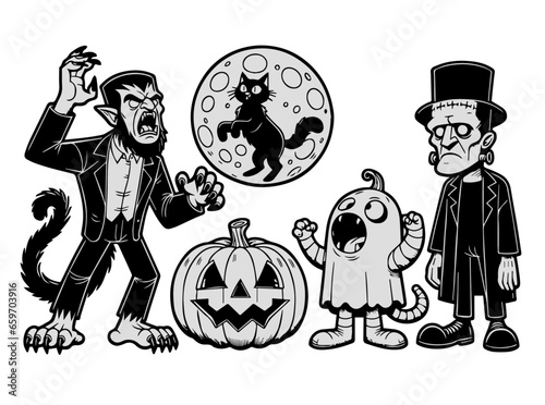 Set of halloween characters, frank, frankenstein vector, pumpkin cat, monster, werewolf