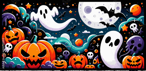 Halloween pattern with pumpkins  ghodt  moon vampires vector illustration