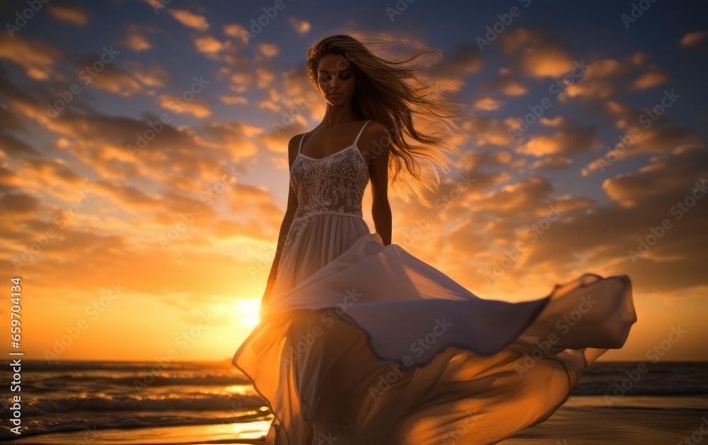 Stunning photography of a beautiful woman in a dress against the backdrop of a golden sunset on a pristine beach Stunning photography of a beautiful woman in a dress against the backdrop of a golden sunset on a pristine beach