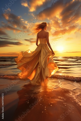 Stunning photography of a beautiful woman in a dress against the backdrop of a golden sunset on a pristine beach