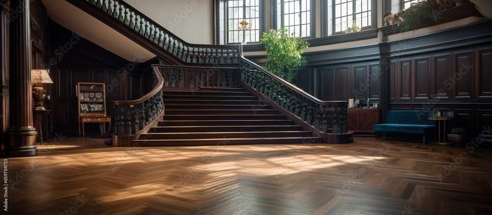 Obraz premium Spacious room with dark flooring and connected stairs