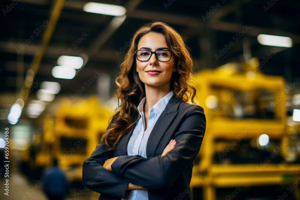 Portrait of a Smartly dressed woman manager with spectacles on the shop floor factory manager warehouse manager automated plant industry industrial environment - obrazy, fototapety, plakaty 