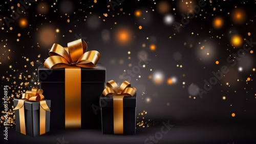Black Christmas gift boxes tied with gold ribbons and bows against a black background with glitter and Bokeh lights Christmas greeting card image Xmas desktop wallpaper © RCH Photographic