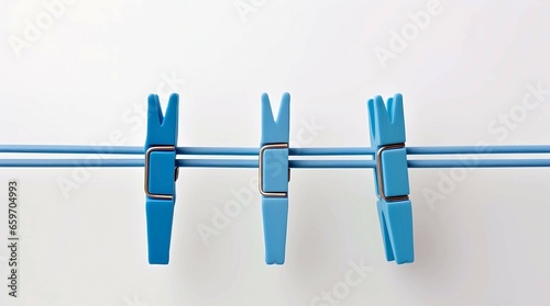 Blue clothespins on a rope on a white background 3d rendering, Generative AI illustration.