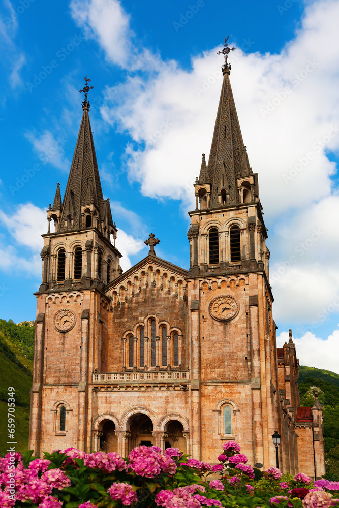 Impressive Catholic Basilica de Santa Maria La Real in small mountain Spanish village of Covadonga, Asturias.
