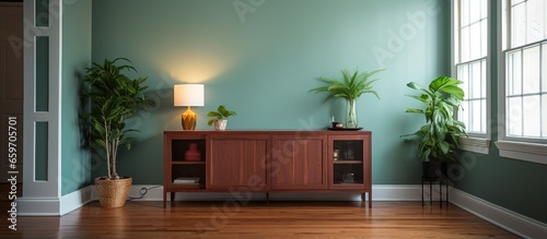 Small dining table in center of wood floored living room with green cabinet