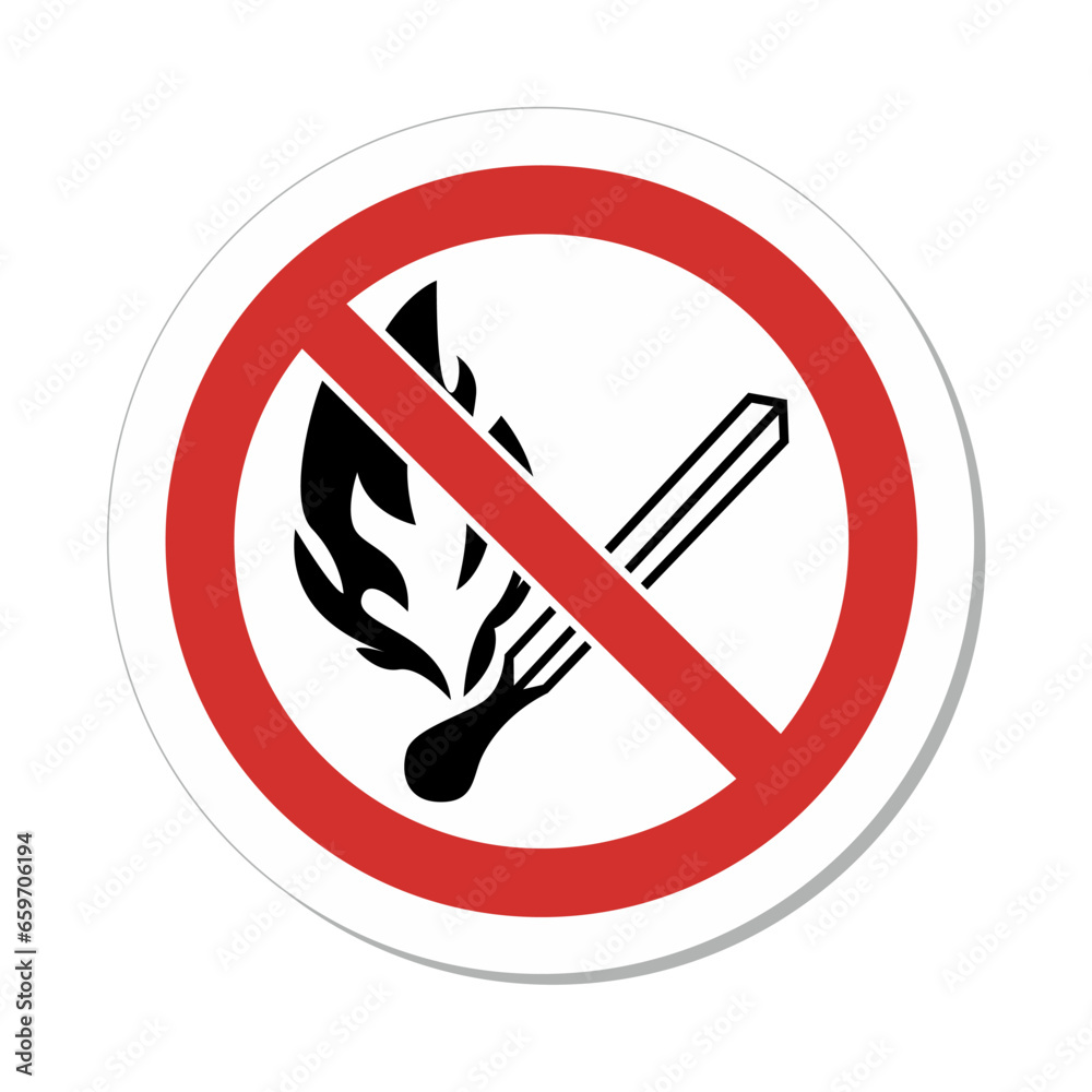ISO Prohibition Circular Sign: No Open Flame, Fire, Open Ignition Source And Smoking ISO Prohibition Circular Sign: No Open Flame, Fire, Open Ignition Source And Smoking