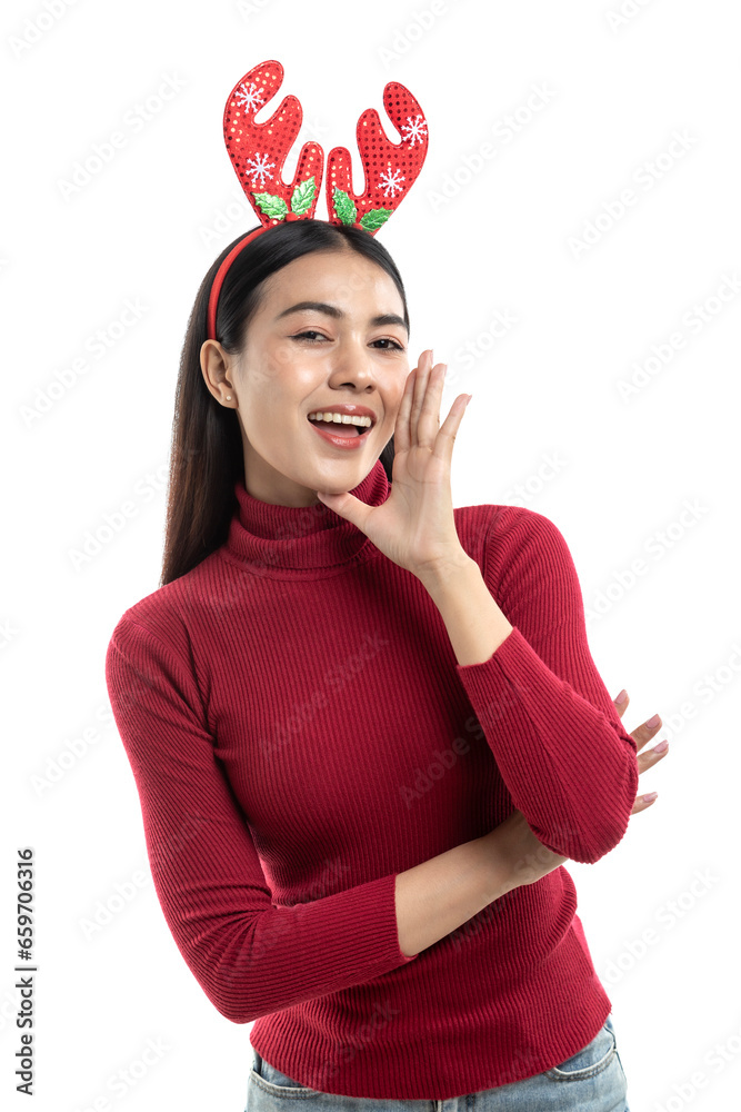 Happy attractive cheerful young woman long hair wearing red sweater with reindeer horns headband good mood isolated over white background