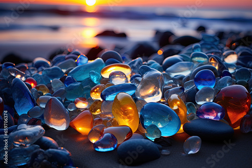 the beach is made of colored stones and pebbles, luminous and dreamlike scenes