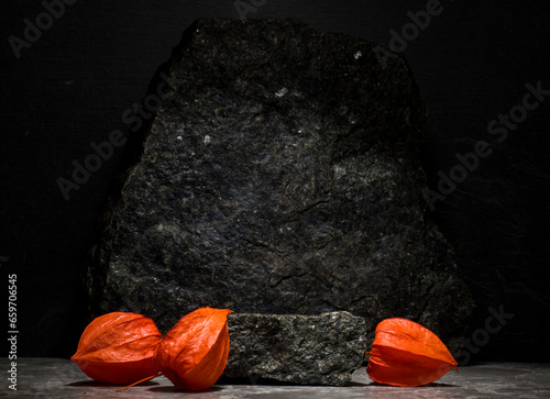 stones for the podium. stones on a dark background and orange physalis for product presentation, podium, background. medicine cosmetics perfumery concept.