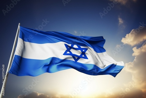 Israel flag against the sunset sky. National pride concept. Background with selective focus and copy space © top images