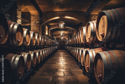 A classic dark cellar with barrels of wine or strong alcohol. Background with selective focus and copy space photo