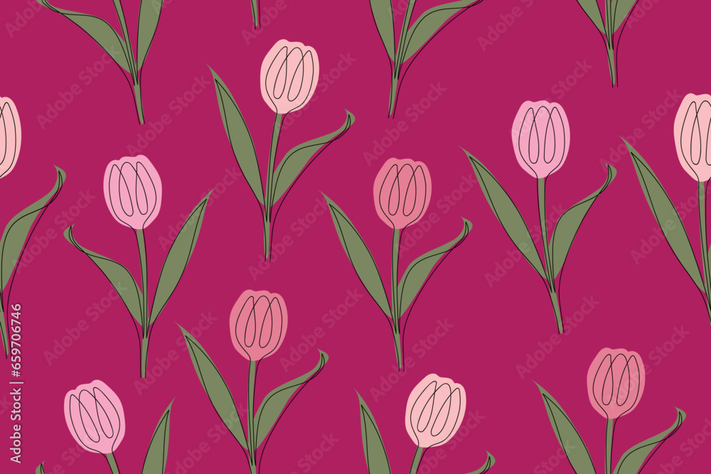 Seamless pattern with single line tulip flowers drawings and pastel abstract shapes. Endless floral background. Vector illustration