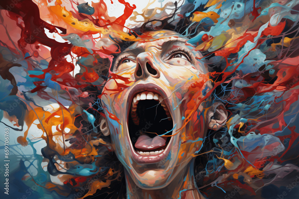 Abstract illustration in vibrant colors of the face of a woman screaming expressing frustration
