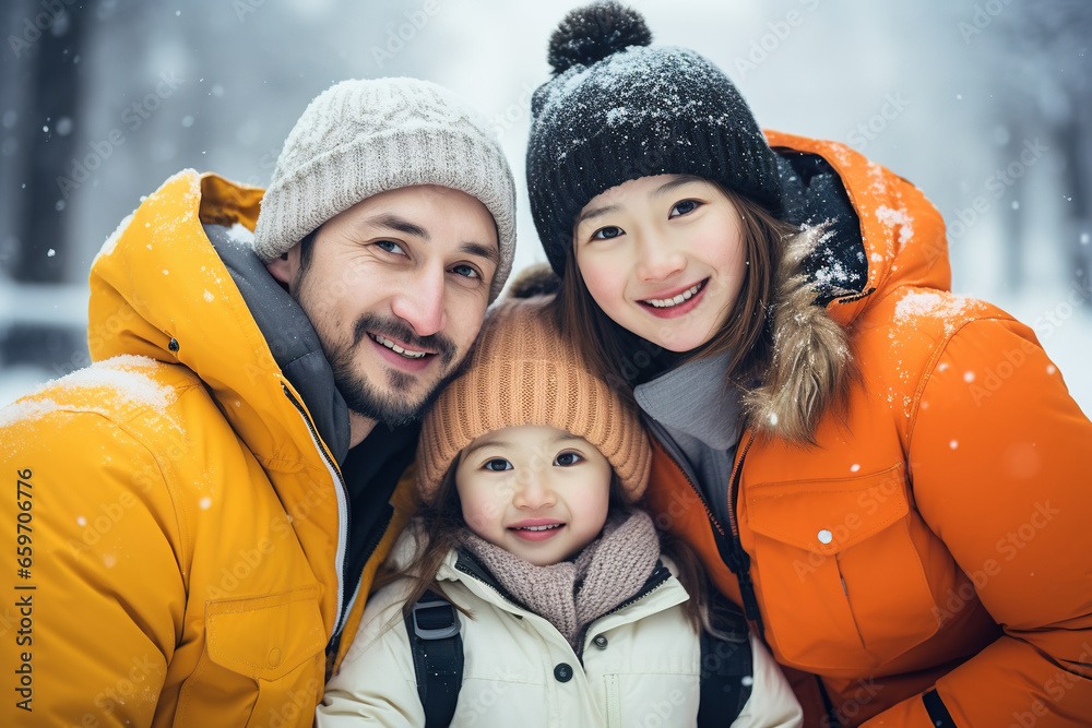 Multi ethnic couple of Caucasian man and Asian woman with their daughter enjoying winter holidays - obrazy, fototapety, plakaty 