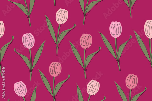 Seamless pattern with single line tulip flowers drawings and pastel abstract shapes. Endless floral background. Vector illustration