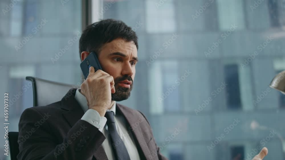 Dissatisfied director arguing cellphone worried work closeup. Ceo shouting phone Dissatisfied director arguing cellphone worried work closeup. Ceo shouting phone
