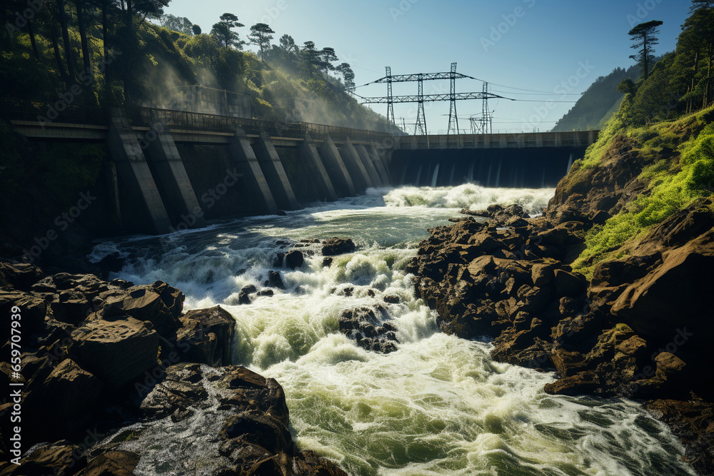 hydroelectric dam generating green energy from flowing water, with a cascading waterfall in the background.  - obrazy, fototapety, plakaty 
