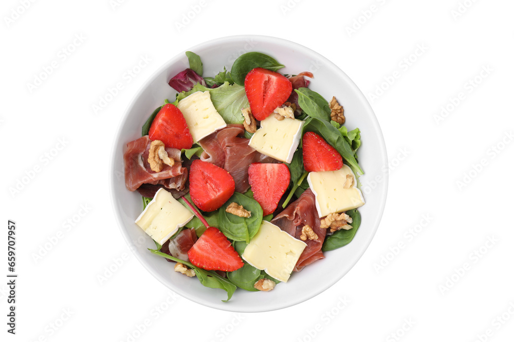 Tasty salad with brie cheese, prosciutto, strawberries and walnuts isolated on white, top view Tasty salad with brie cheese, prosciutto, strawberries and walnuts isolated on white, top view